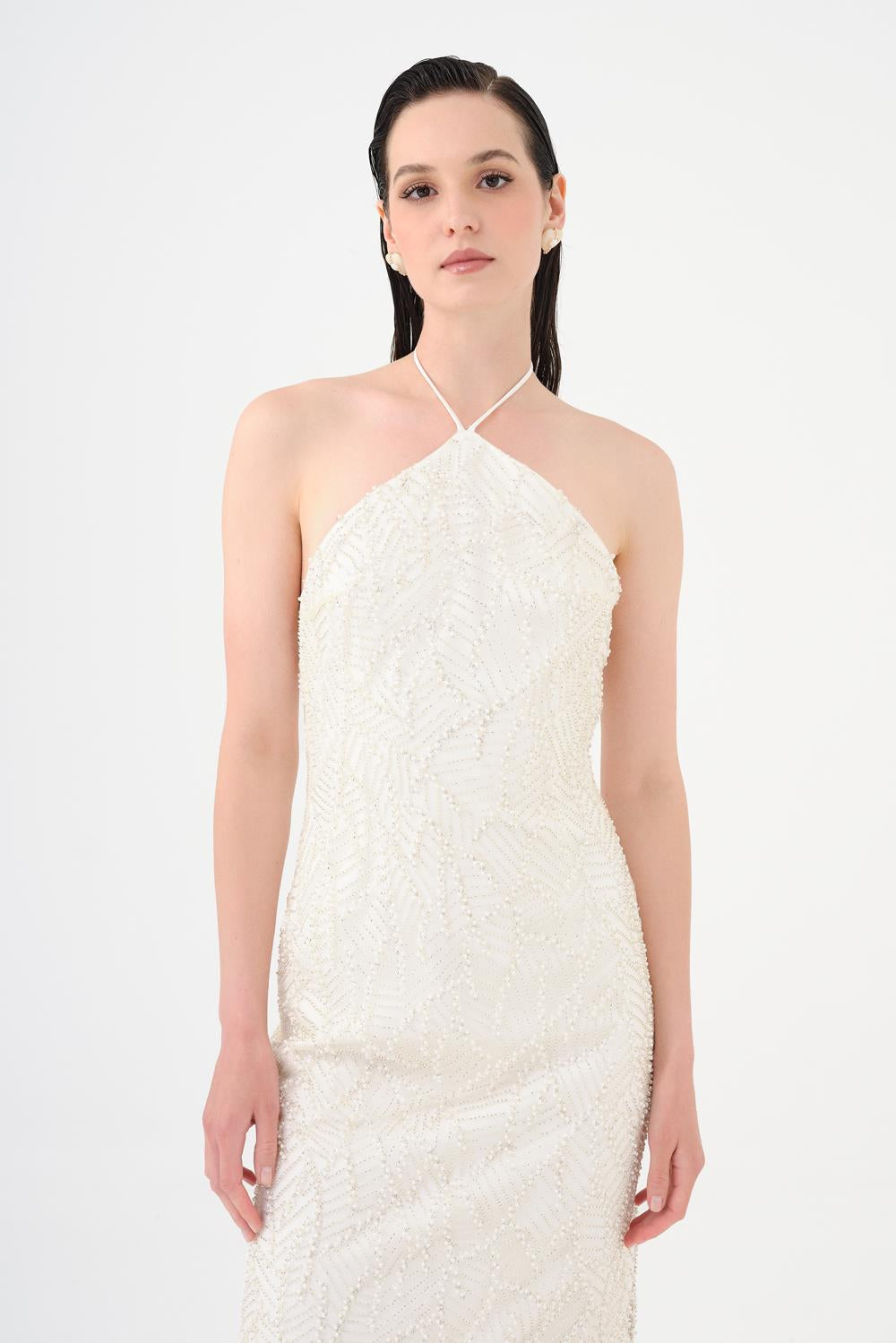 Pearl Detailed Halter Neck Midi Evening Dress - 9150C