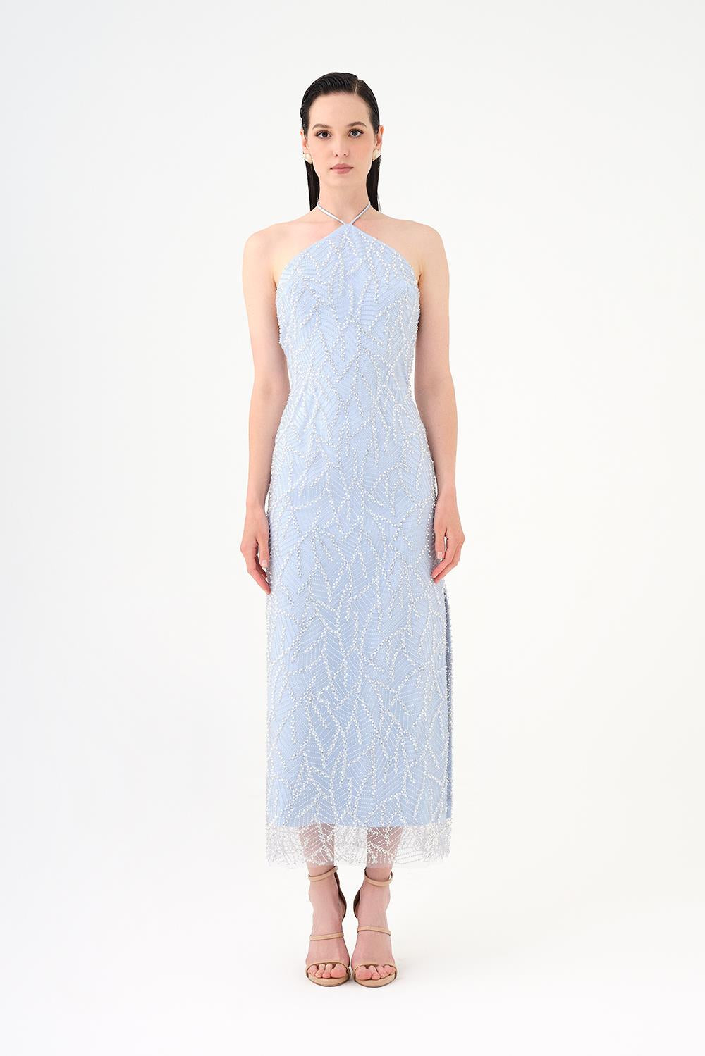 Pearl Detailed Halter Neck Midi Evening Dress - 9150C
