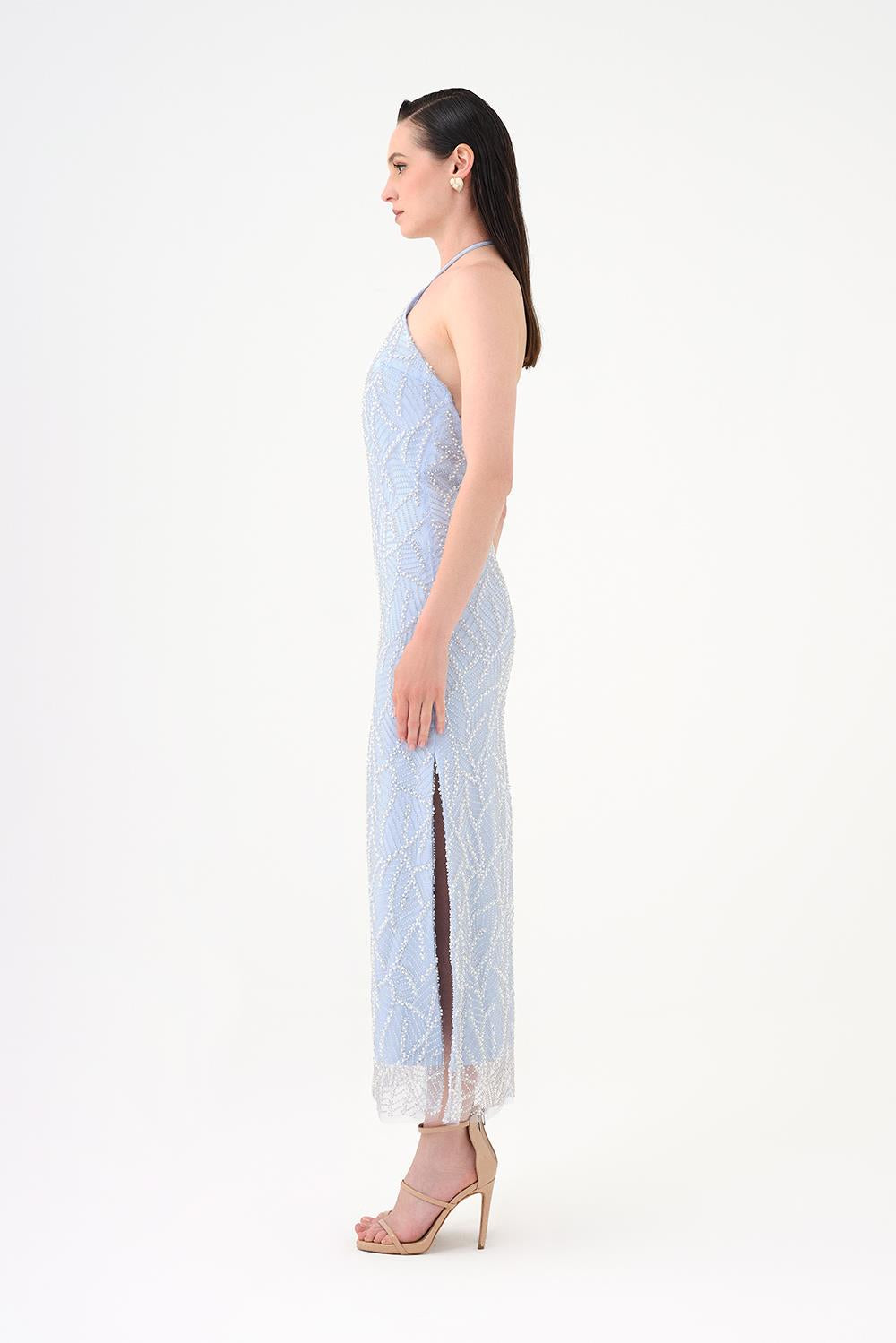 Pearl Detailed Halter Neck Midi Evening Dress - 9150C