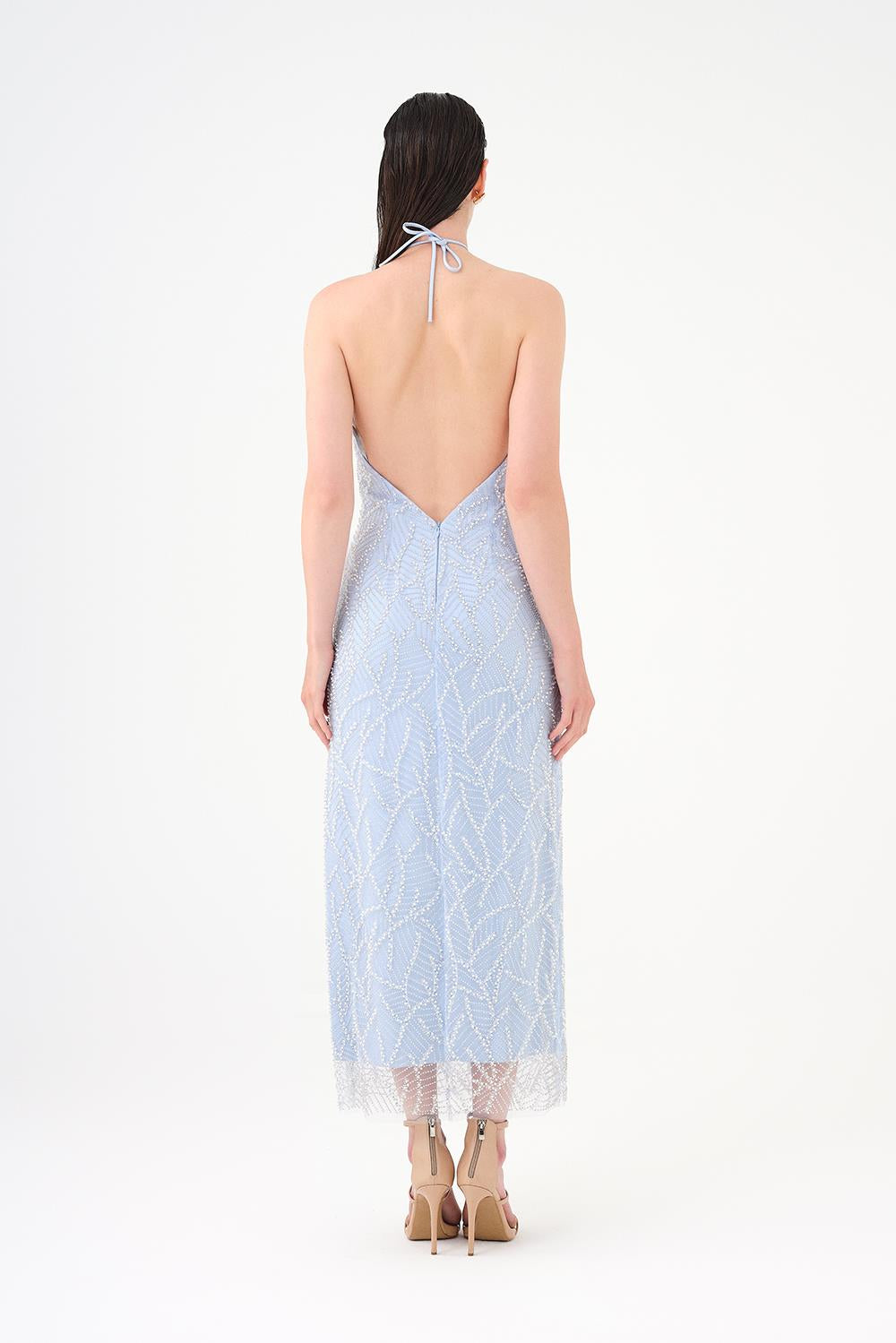 Pearl Detailed Halter Neck Midi Evening Dress - 9150C