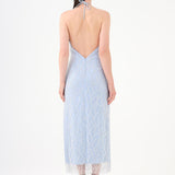 Pearl Detailed Halter Neck Midi Evening Dress - 9150C