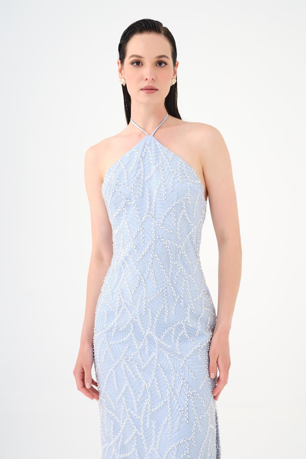 Pearl Detailed Halter Neck Midi Evening Dress - 9150C