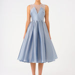 Embroidered Princess Cut Satin Midi Evening Dress - 9135C