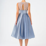 Embroidered Princess Cut Satin Midi Evening Dress - 9135C