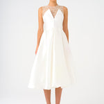 Embroidered Princess Cut Satin Midi Evening Dress - 9135C