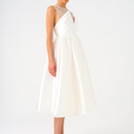 Embroidered Princess Cut Satin Midi Evening Dress - 9135C