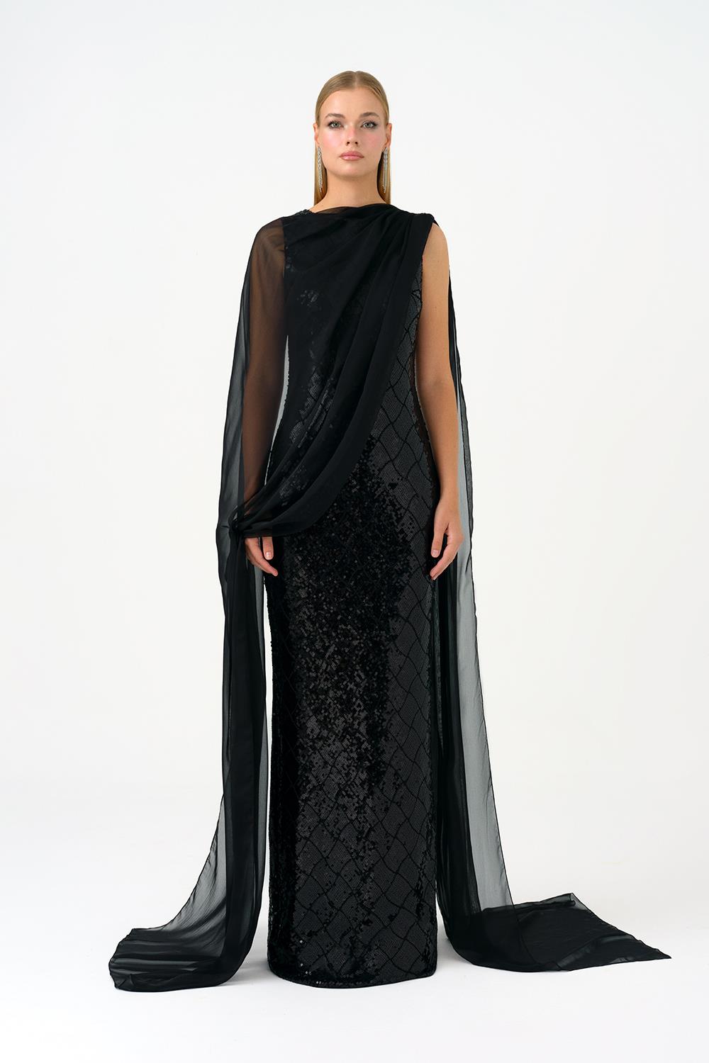Boat Neck Sequin Long Evening Dress with Cape - 9038C