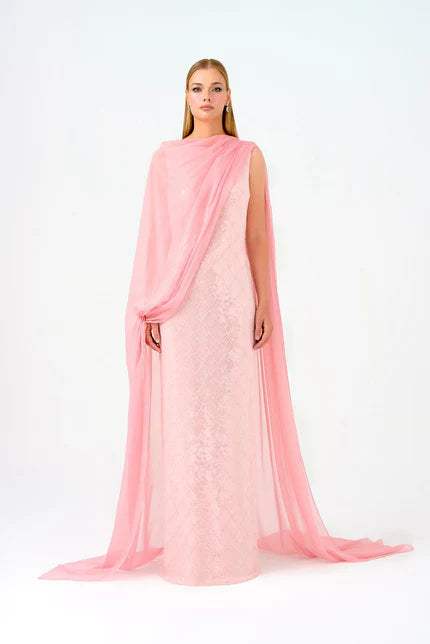Kayık Yaka Pelerinli Payet Uzun Abiye Elbise - 9038C - PEMBE