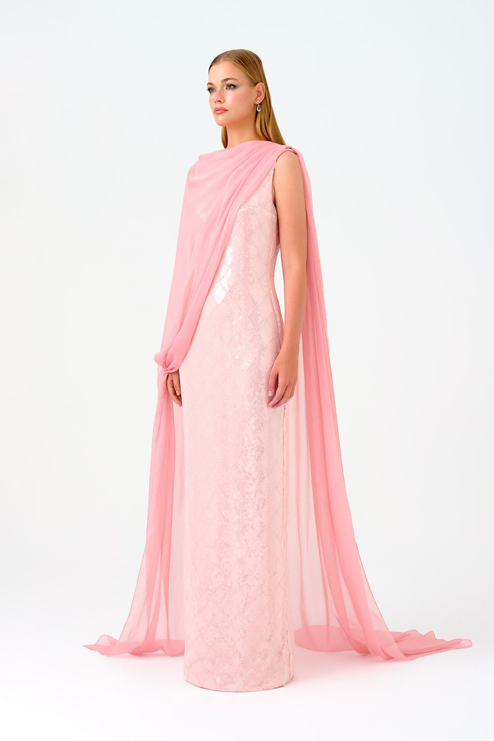 Kayık Yaka Pelerinli Payet Uzun Abiye Elbise - 9038C - PEMBE