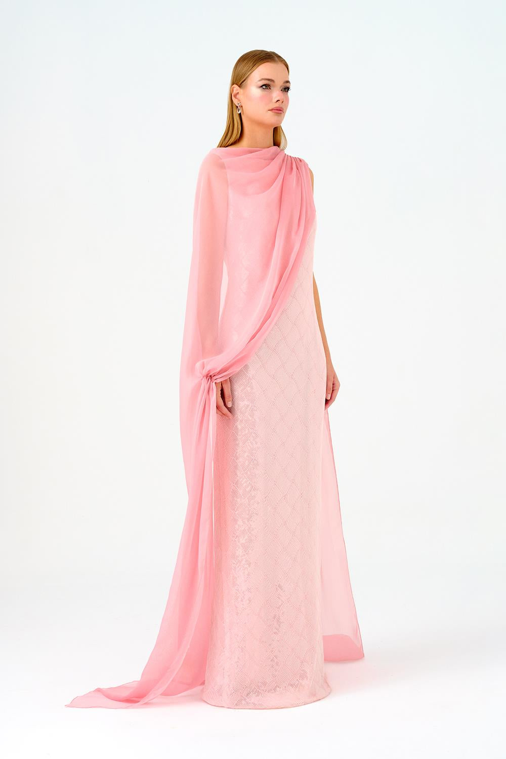 Kayık Yaka Pelerinli Payet Uzun Abiye Elbise - 9038C - PEMBE