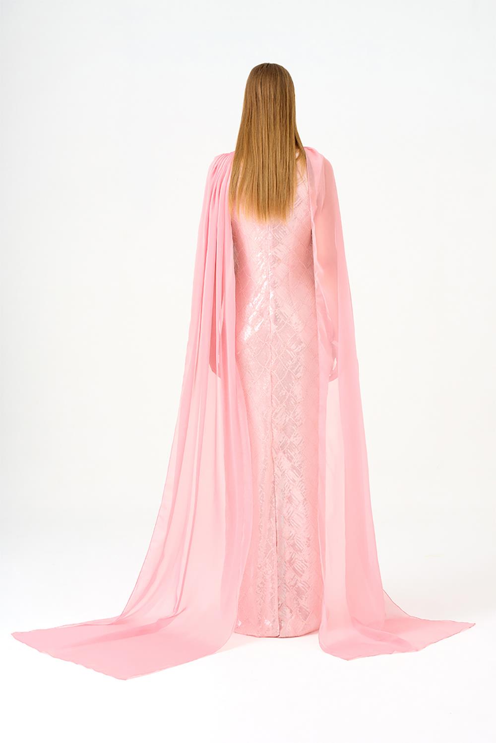 Kayık Yaka Pelerinli Payet Uzun Abiye Elbise - 9038C - PEMBE