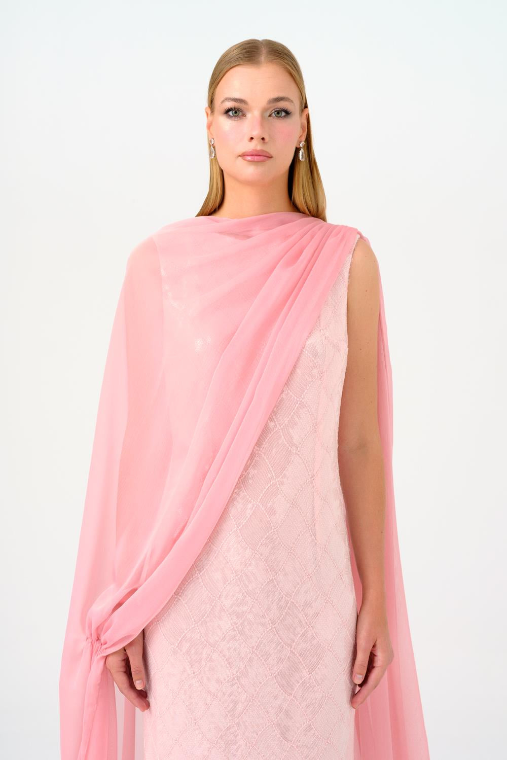Kayık Yaka Pelerinli Payet Uzun Abiye Elbise - 9038C - PEMBE