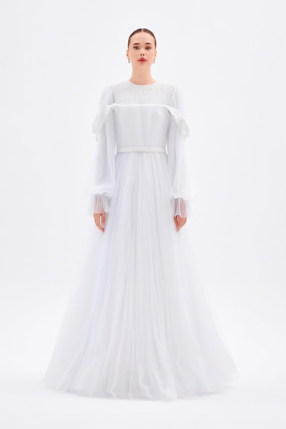 Sleeve Embroidery Detailed Pleated Long Evening Dress - 9177C