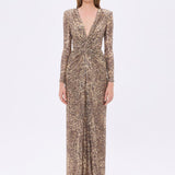 Leopar Desenli Payet V Yaka Uzun Abiye Elbise - 9333C - LEOPAR