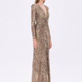 Leopar Desenli Payet V Yaka Uzun Abiye Elbise - 9333C - LEOPAR