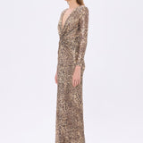 Leopar Desenli Payet V Yaka Uzun Abiye Elbise - 9333C - LEOPAR
