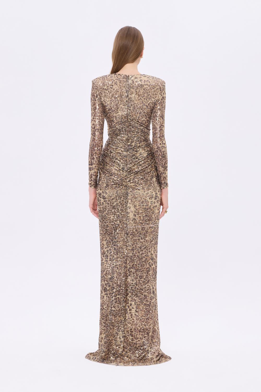 Leopar Desenli Payet V Yaka Uzun Abiye Elbise - 9333C - LEOPAR