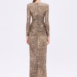 Leopar Desenli Payet V Yaka Uzun Abiye Elbise - 9333C - LEOPAR