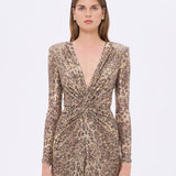 Leopar Desenli Payet V Yaka Uzun Abiye Elbise - 9333C - LEOPAR
