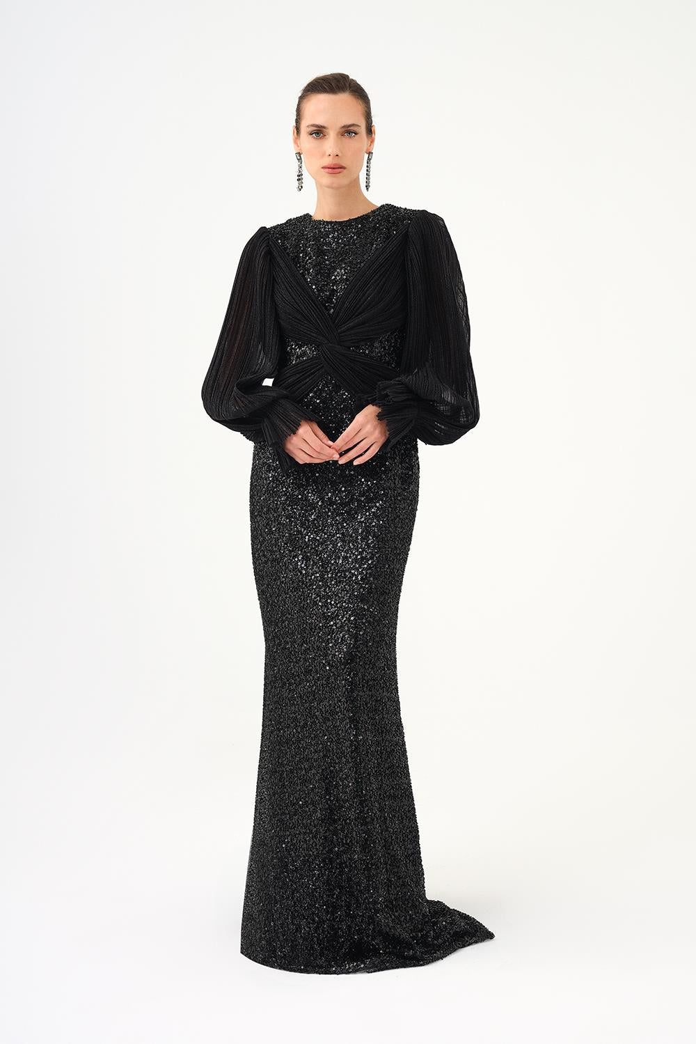 Pleated Sleeve and Drape Detailed Long Evening Dress with Stones - 9094C