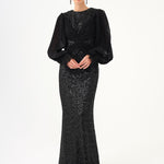Pleated Sleeve and Drape Detailed Long Evening Dress with Stones - 9094C