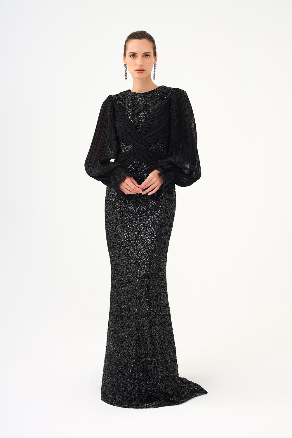 Pilise Kol ve Drape Detaylı Taşlı Uzun Abiye Elbise - 9094C - SİYAH