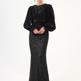 Pleated Sleeve and Drape Detailed Long Evening Dress with Stones - 9094C