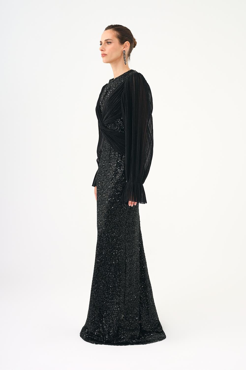 Pleated Sleeve and Drape Detailed Long Evening Dress with Stones - 9094C