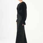 Pleated Sleeve and Drape Detailed Long Evening Dress with Stones - 9094C