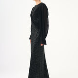 Pleated Sleeve and Drape Detailed Long Evening Dress with Stones - 9094C