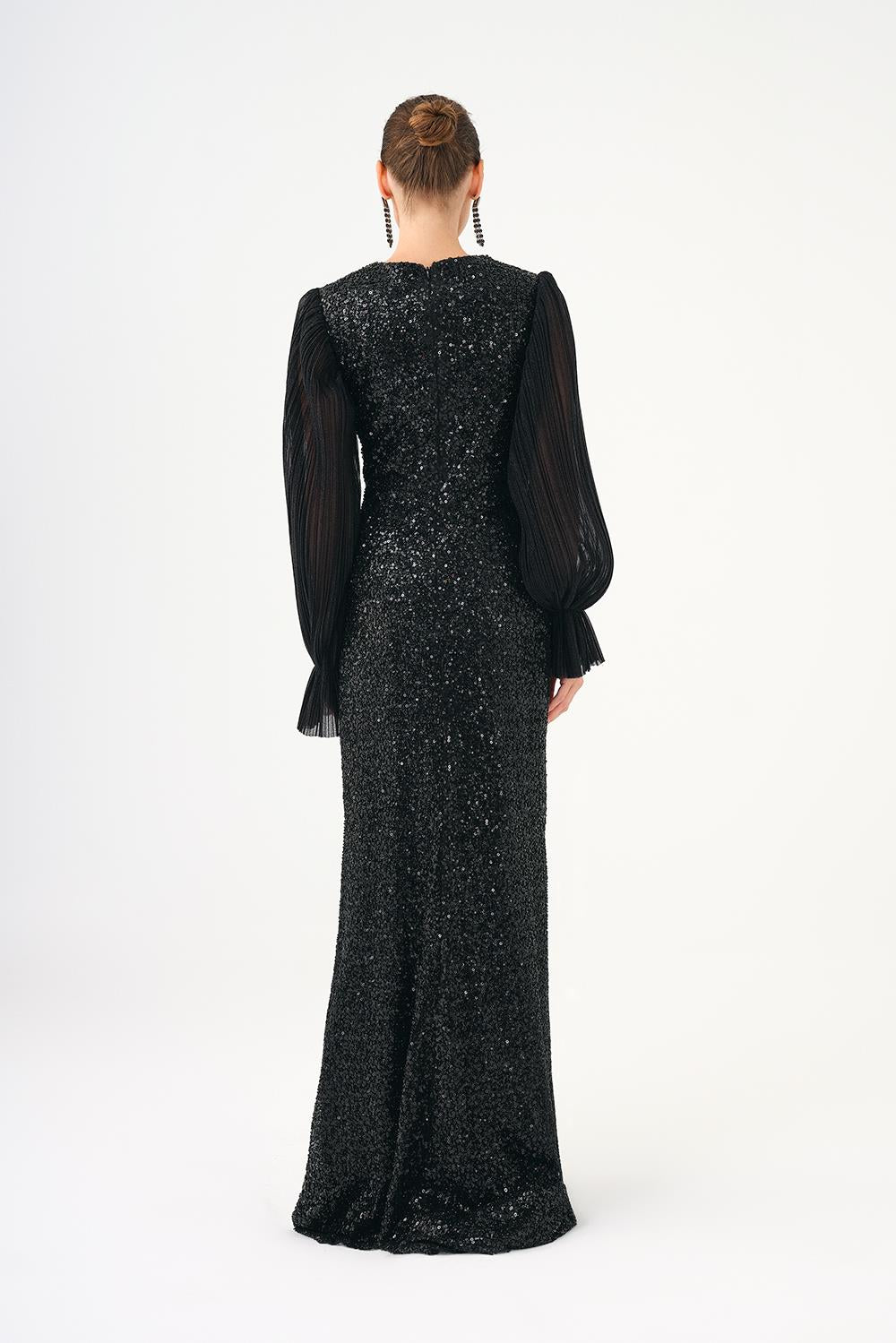 Pleated Sleeve and Drape Detailed Long Evening Dress with Stones - 9094C