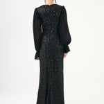 Pleated Sleeve and Drape Detailed Long Evening Dress with Stones - 9094C