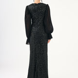 Pleated Sleeve and Drape Detailed Long Evening Dress with Stones - 9094C