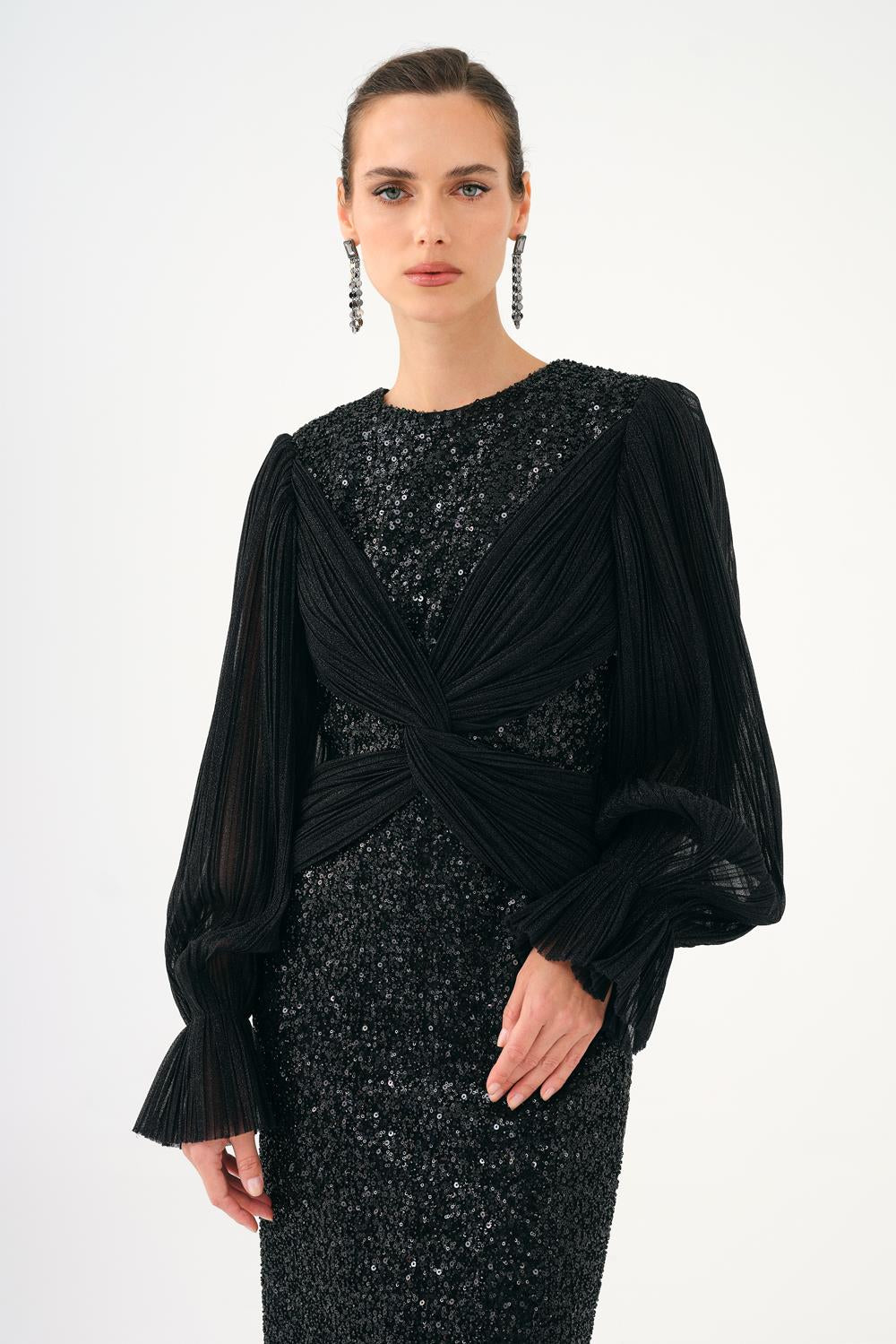 Pleated Sleeve and Drape Detailed Long Evening Dress with Stones - 9094C