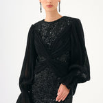 Pleated Sleeve and Drape Detailed Long Evening Dress with Stones - 9094C