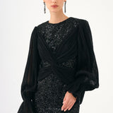 Pleated Sleeve and Drape Detailed Long Evening Dress with Stones - 9094C