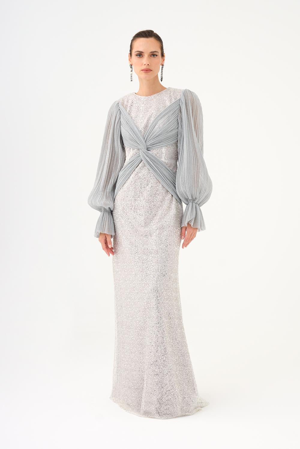 Pleated Sleeve and Drape Detailed Long Evening Dress with Stones - 9094C