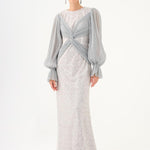 Pleated Sleeve and Drape Detailed Long Evening Dress with Stones - 9094C