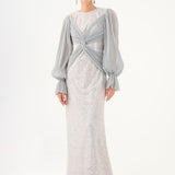 Pleated Sleeve and Drape Detailed Long Evening Dress with Stones - 9094C