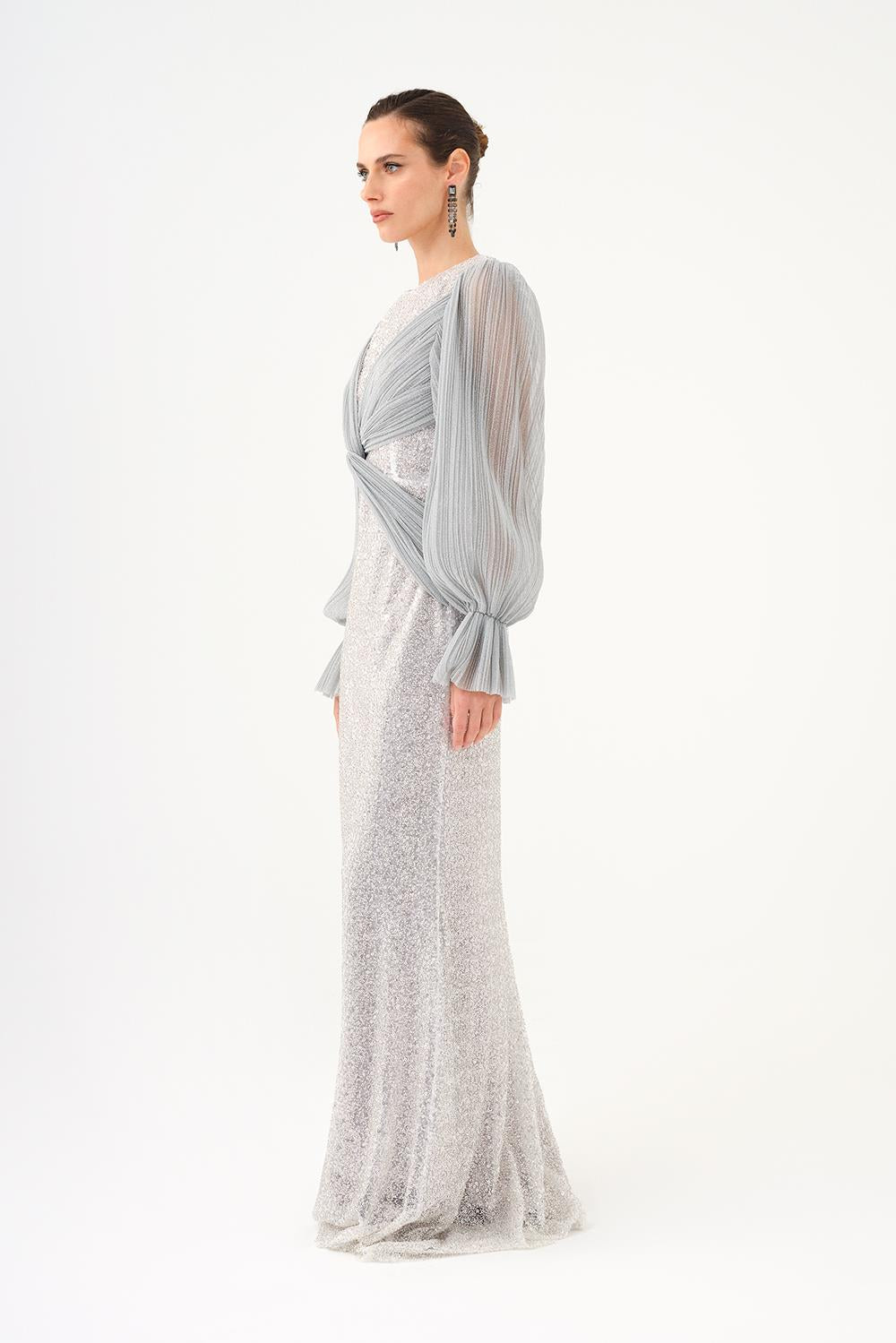 Pleated Sleeve and Drape Detailed Long Evening Dress with Stones - 9094C