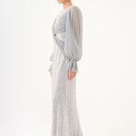 Pleated Sleeve and Drape Detailed Long Evening Dress with Stones - 9094C