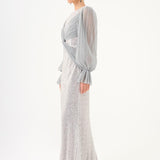 Pleated Sleeve and Drape Detailed Long Evening Dress with Stones - 9094C