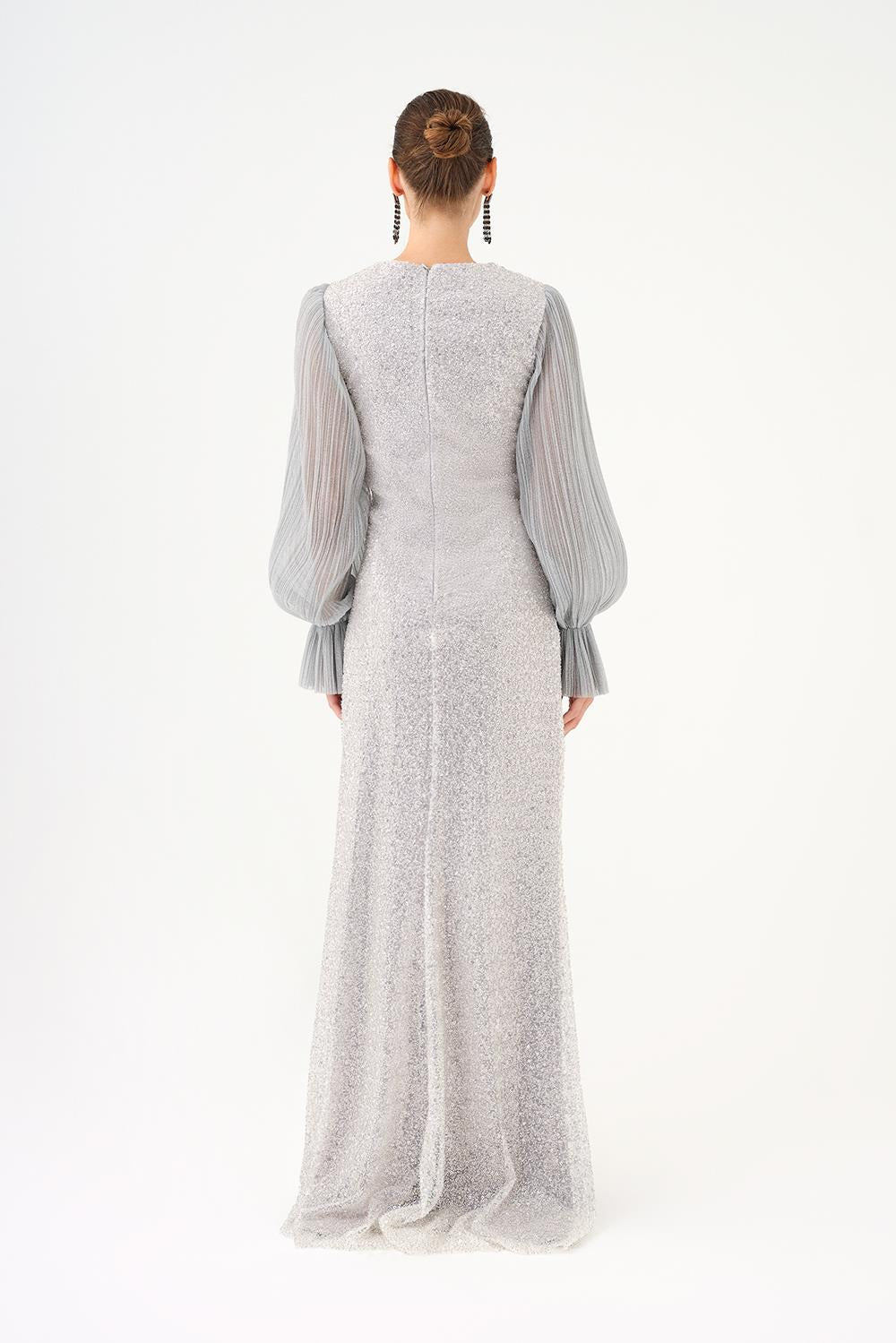 Pleated Sleeve and Drape Detailed Long Evening Dress with Stones - 9094C