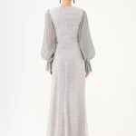 Pleated Sleeve and Drape Detailed Long Evening Dress with Stones - 9094C