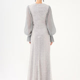 Pleated Sleeve and Drape Detailed Long Evening Dress with Stones - 9094C