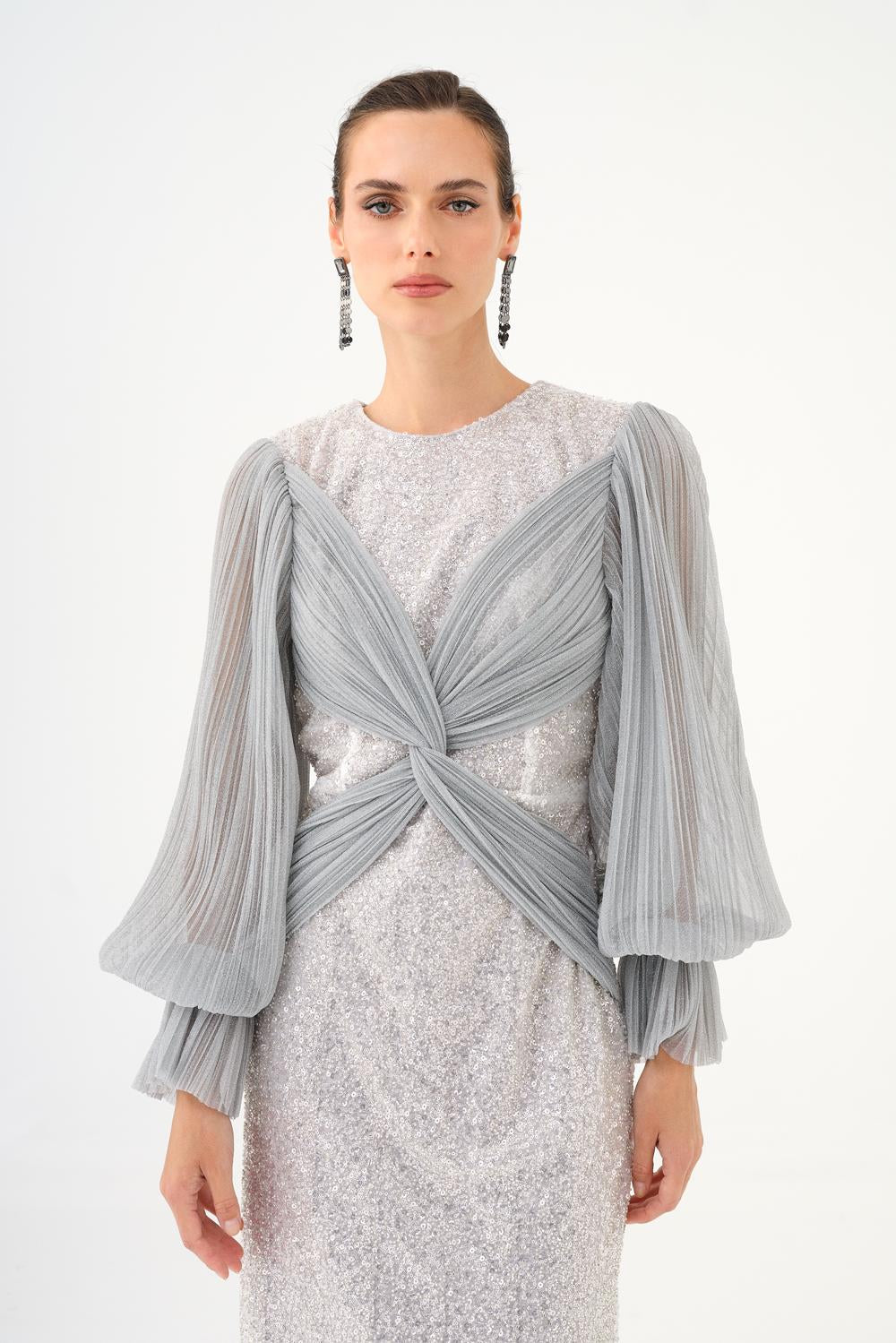 Pleated Sleeve and Drape Detailed Long Evening Dress with Stones - 9094C