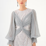 Pleated Sleeve and Drape Detailed Long Evening Dress with Stones - 9094C