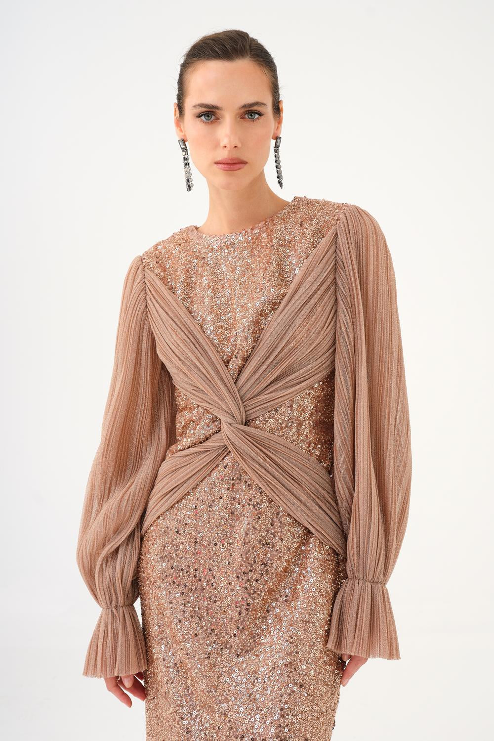 Pleated Sleeve and Drape Detailed Long Evening Dress with Stones - 9094C