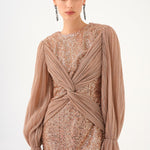 Pleated Sleeve and Drape Detailed Long Evening Dress with Stones - 9094C