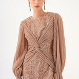 Pleated Sleeve and Drape Detailed Long Evening Dress with Stones - 9094C